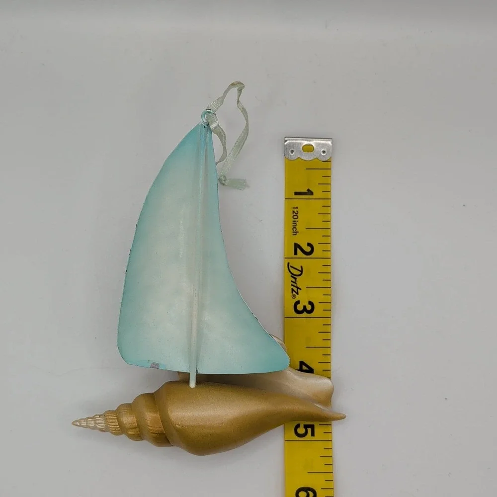 Nautical Sailboat Conch Shell Christmas Ornament Blue Gold Coastal Beach Decor - Picture 3 of 3
